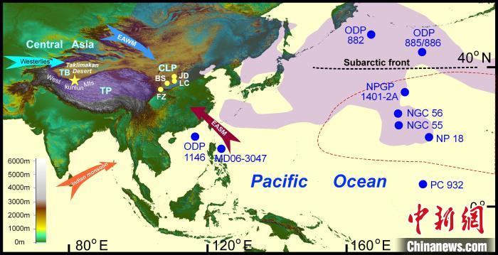 塔里木沙尘传输至北太平洋的路径(阴影区)及西昆仑山黄土岩芯位置(五角星)。　中科院青藏高原所 供图
