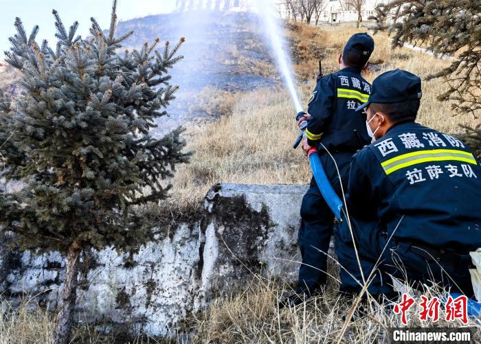 12月6日，布达拉宫消防救援大队在布达拉宫山体林草区域开展湿化工作。　刘瑜 摄